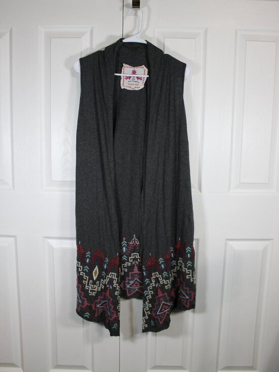 Johnny Was Tops - Johnny Was Tisha Dark Grey Embroidered Sleeveless Drape Cardigan Vest